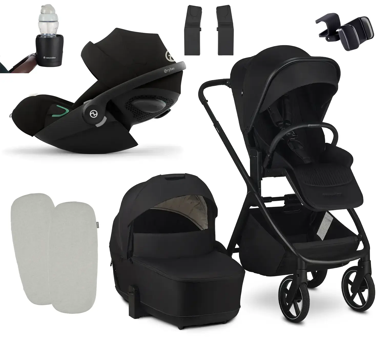 Easywalker Zoey Komplett Set mit Kinderwagen, Babyschale, Adapter, Becherhalter, Handyhalter und Matratzenbezug