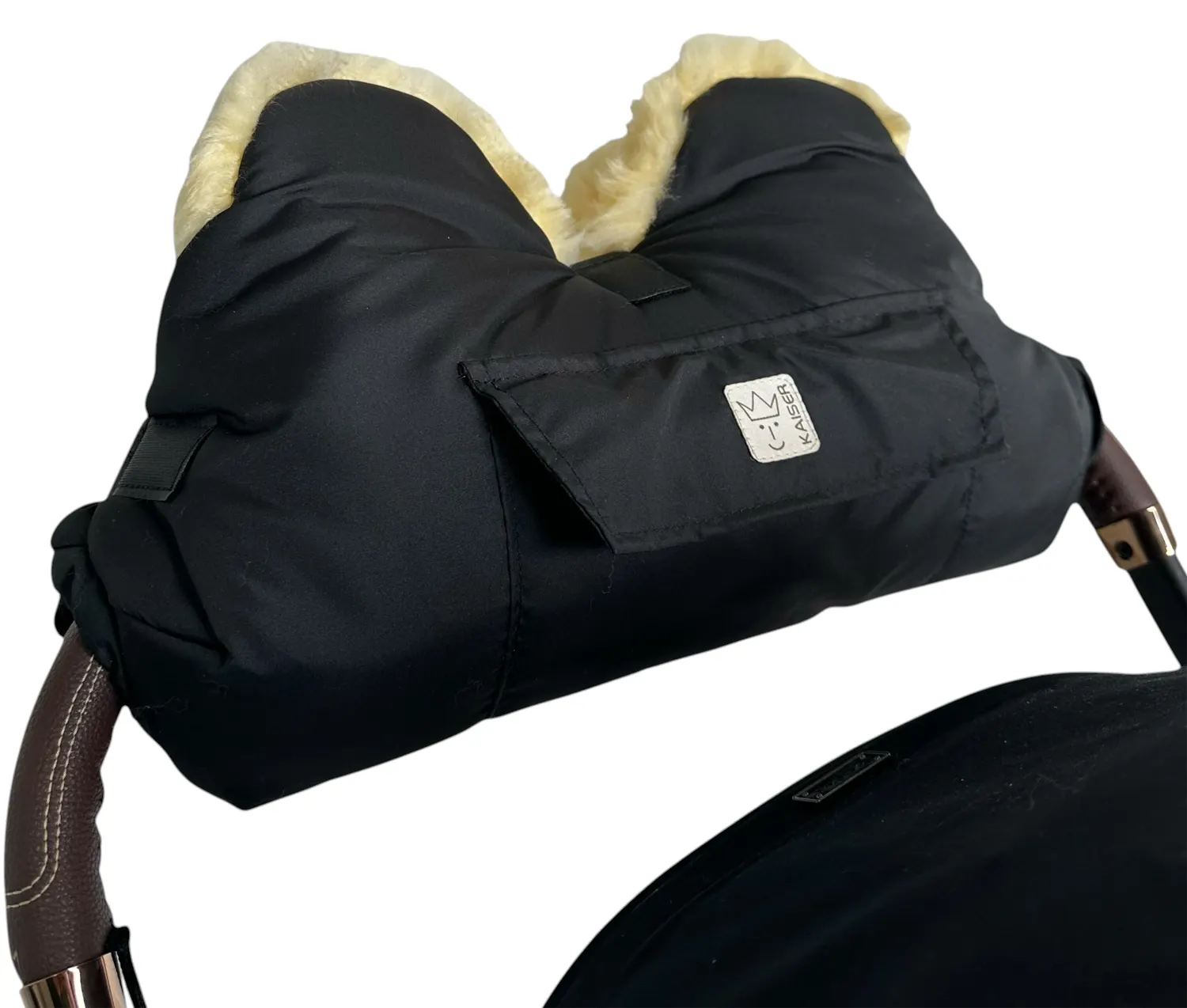 Kaiser Lambskin Hand Warmer Big Black on Stroller Bar