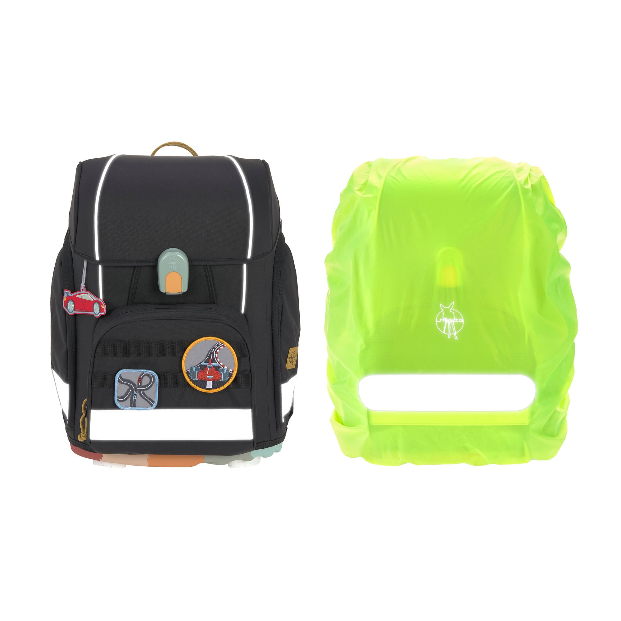 Lässig Schulranzen Set Boxy Unique Schwarz Regencover