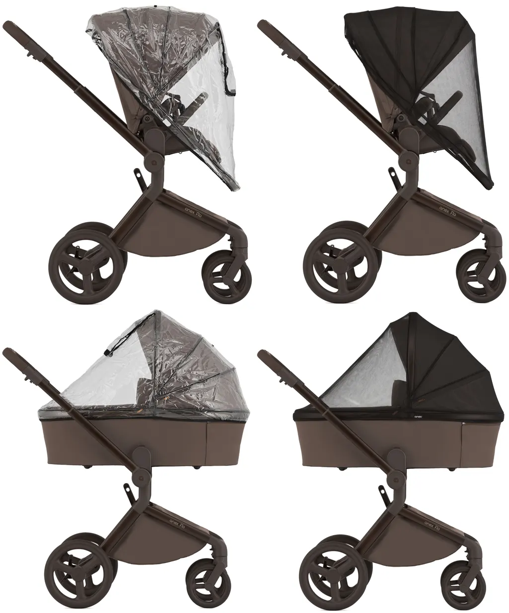 Anex Flo Kinderwagen braun mit Regen- und Moskitoschutz