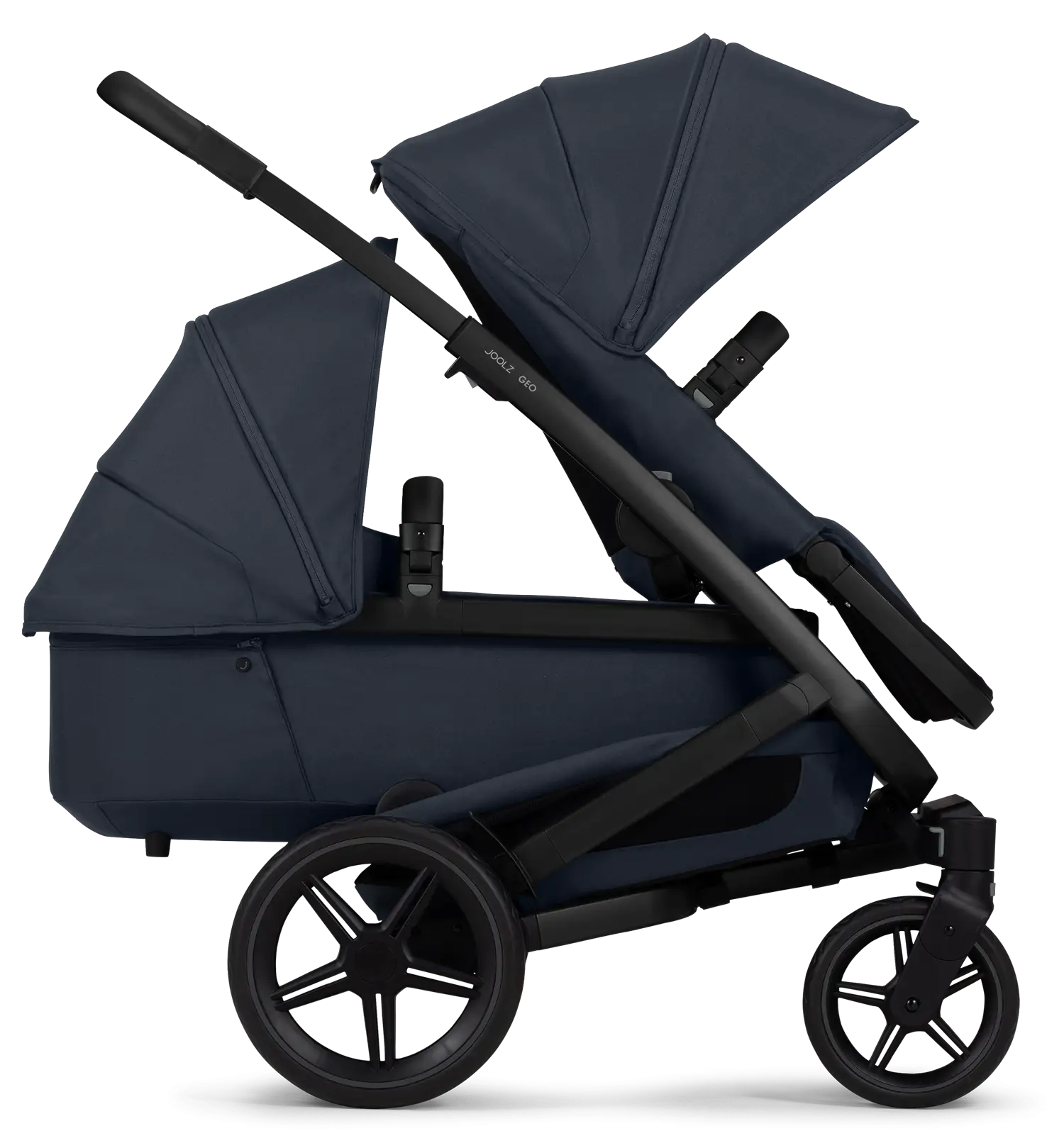 Joolz Geo 3 dunkelblau Geschwisterwagen mit Baby und Kleinkind