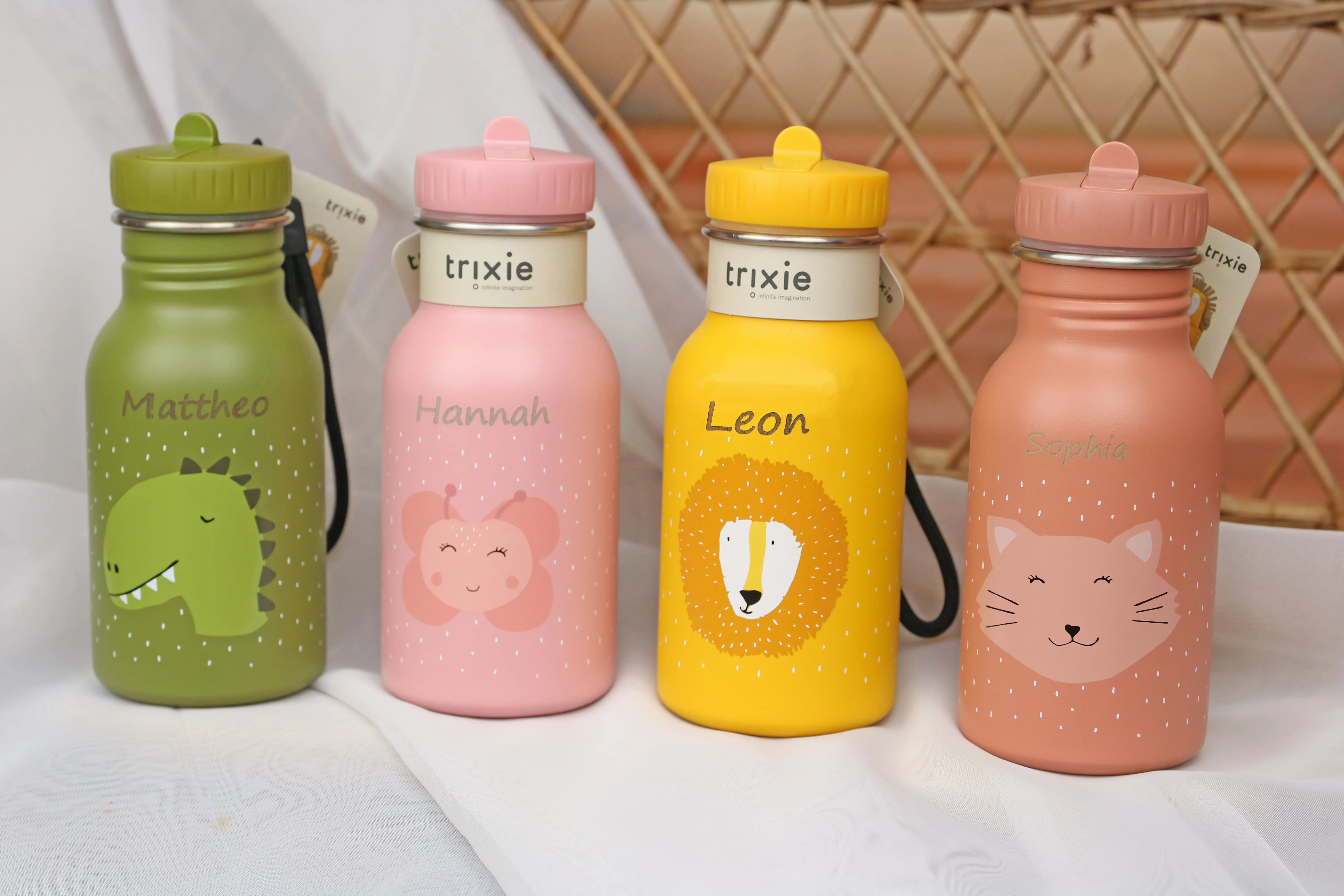 Personalisierte Trinkflaschen von Trixie mit dem Motiv Löwe, Schmetterling, Dino und Katze Personalisierte Trinkflaschen von Trixie mit dem Motiv Löwe, Schmetterling, Dino und Katze