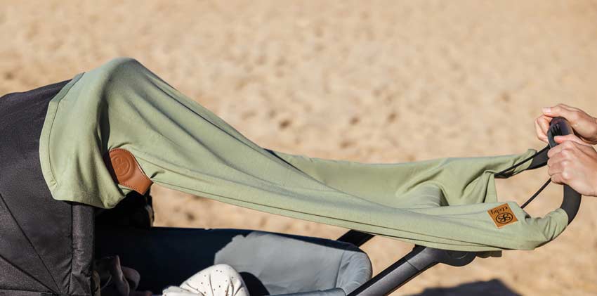 Cloby UV protection cloth olive lifestyle on the stroller