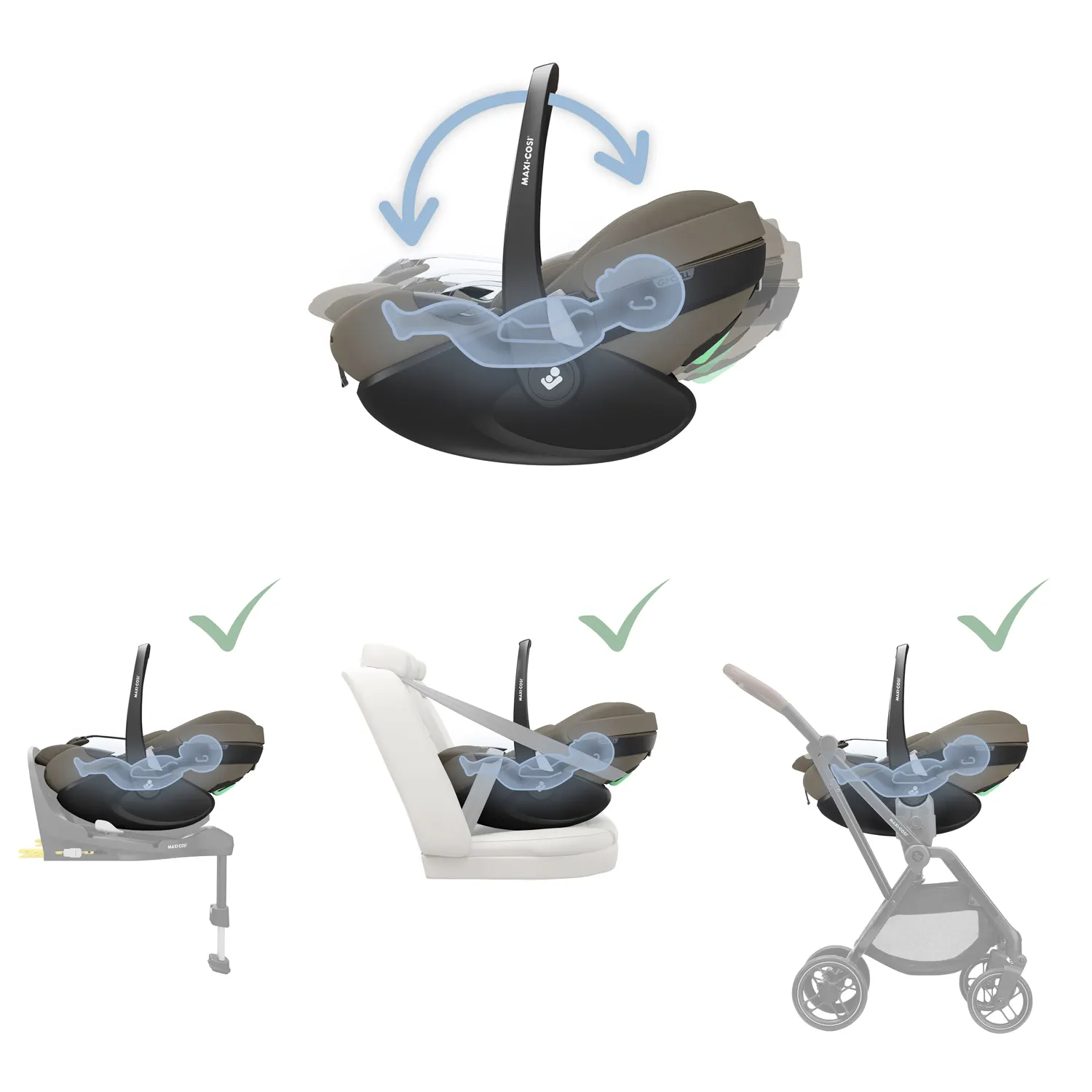 Pebble 360 Pro 2 Babyschale sicher befestigt auf dem Kinderwagen