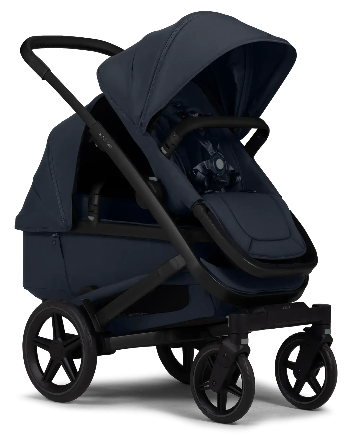 Joolz Geo 3 dunkelblau Geschwisterwagen mit Baby und Kleinkind